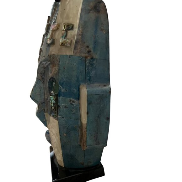 Vintage Mayan‎ Turquoise & Abalone Mosaic Death Mask On Black Stone Base - Picture 2 of 15
